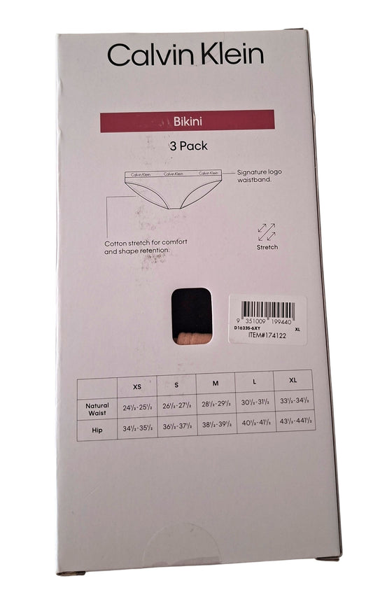 New Calvin Klein Women's 3 Pack Bikini - Cotton Stretch - Black/Beige- Size XL
