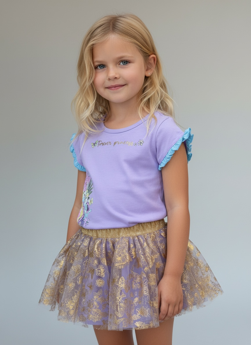 New Disney Princess Kids 5 Piece Outfit Set Tees, Leggings, Shorts Skirt