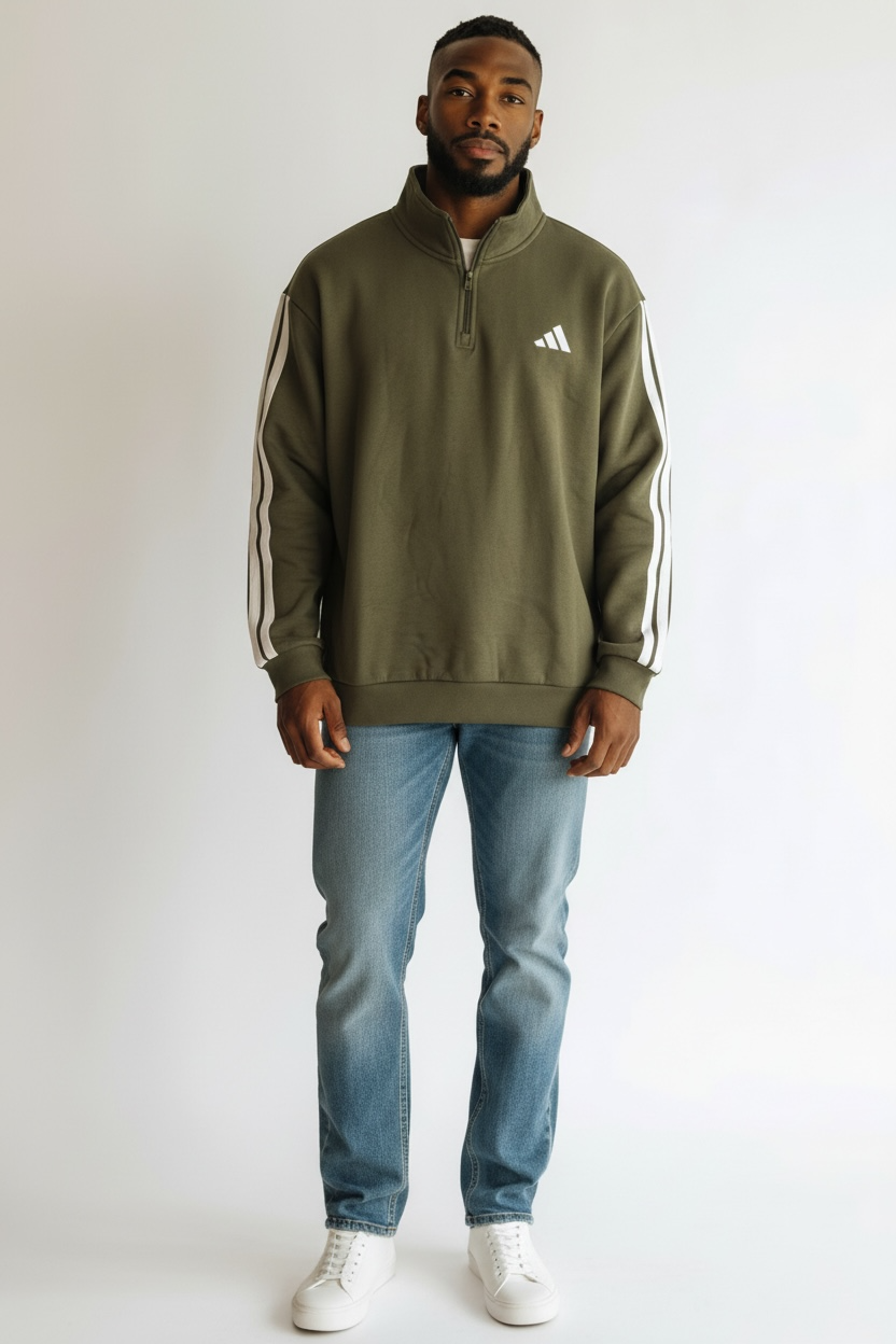 New Adidas Men's M FL 3S 1/4 Zip Pullover – Olive Strata – Size XL