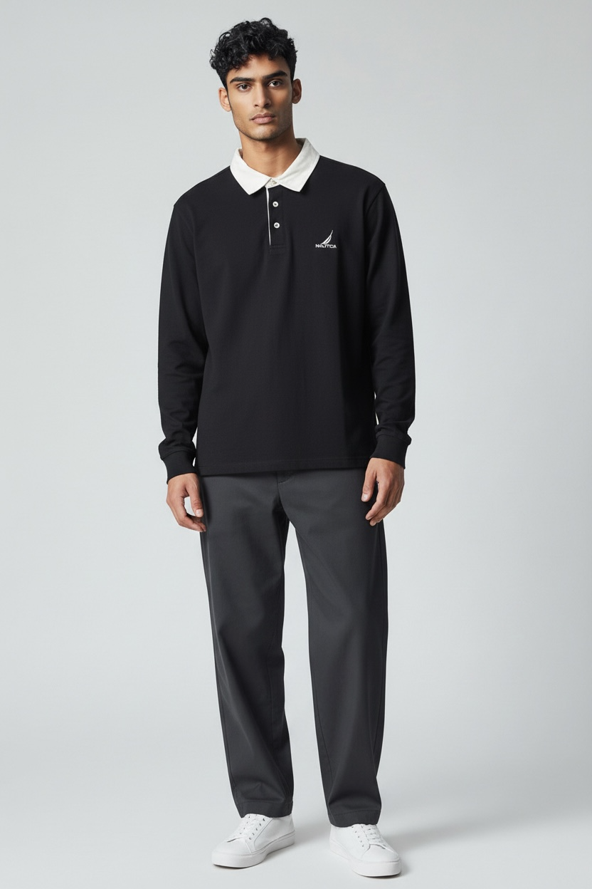 New Nautica Men's Rugby Jersey Long Sleeve Polo - Black - Sizes S, XL