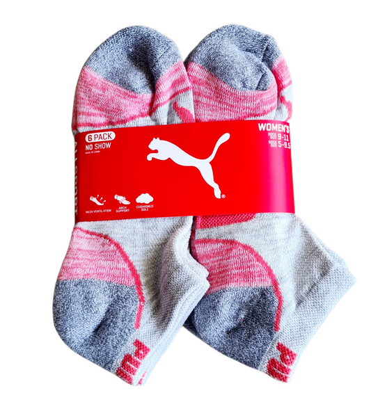 New PUMA Women’s 6 Pack No Show Socks – Pink & Grey – Shoe Size 5–9.5