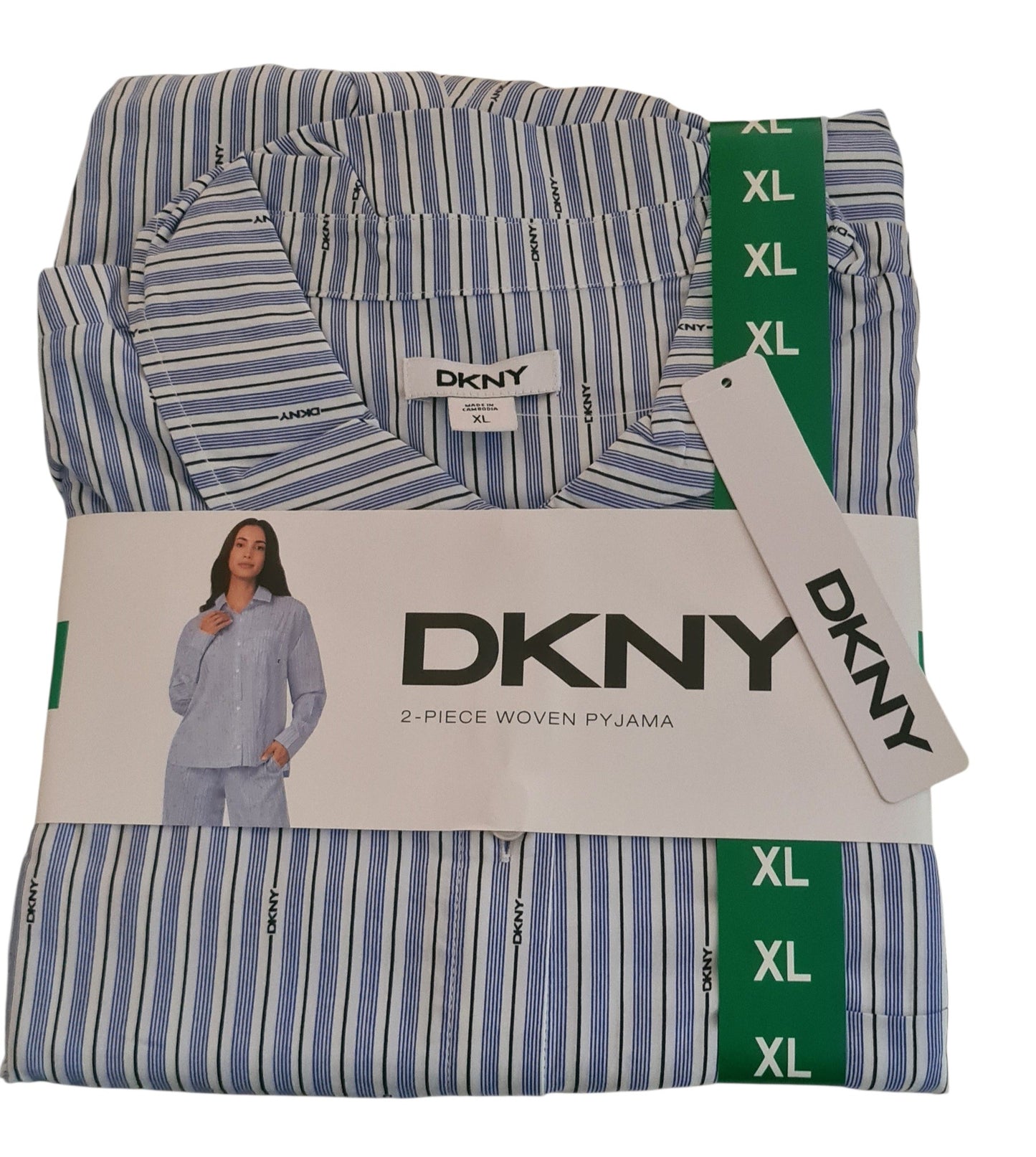 New DKNY Women's Notch Collar 2 Piece Woven Pyjama Set – Size XL - Blue/White