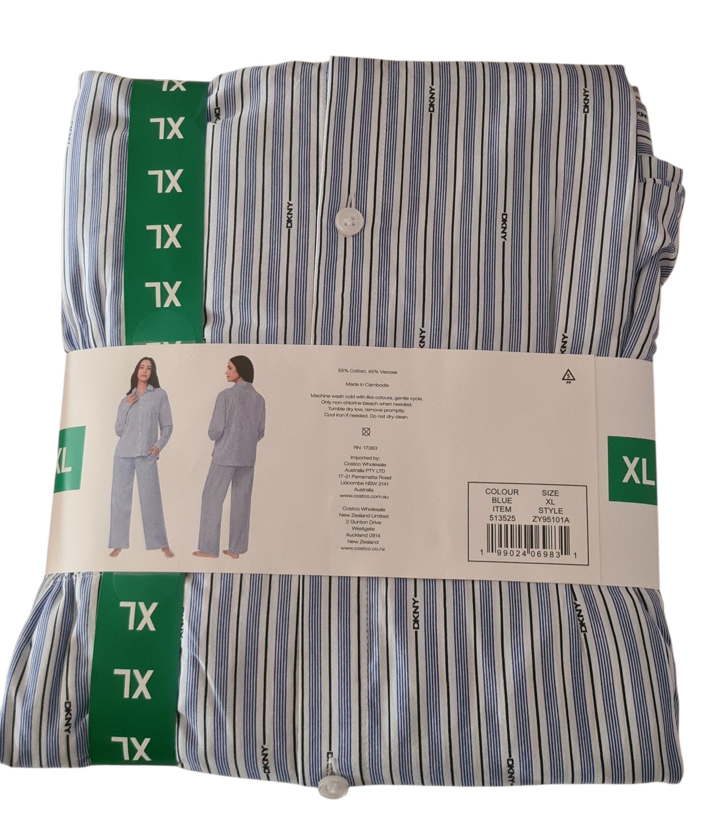 New DKNY Women's Notch Collar 2 Piece Woven Pyjama Set – Size XL - Blue/White