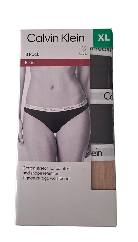 New Calvin Klein Women's 3 Pack Bikini - Cotton Stretch - Black/Beige- Size XL