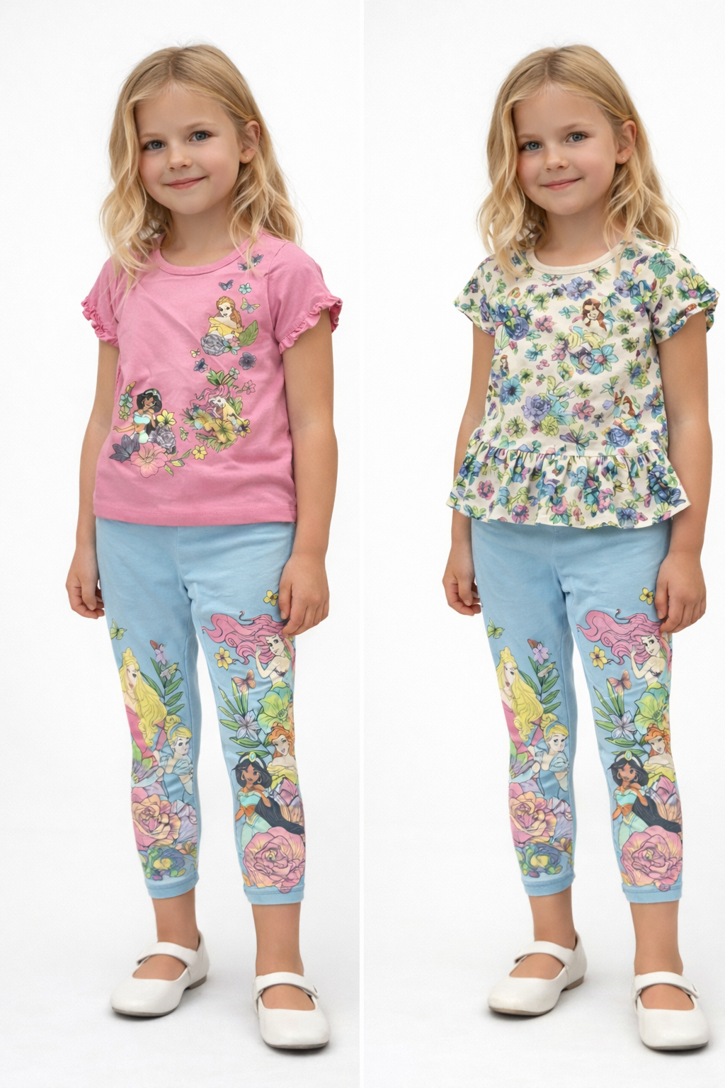 New Disney Princess Kids 5 Piece Outfit Set Tees, Leggings, Shorts Skirt