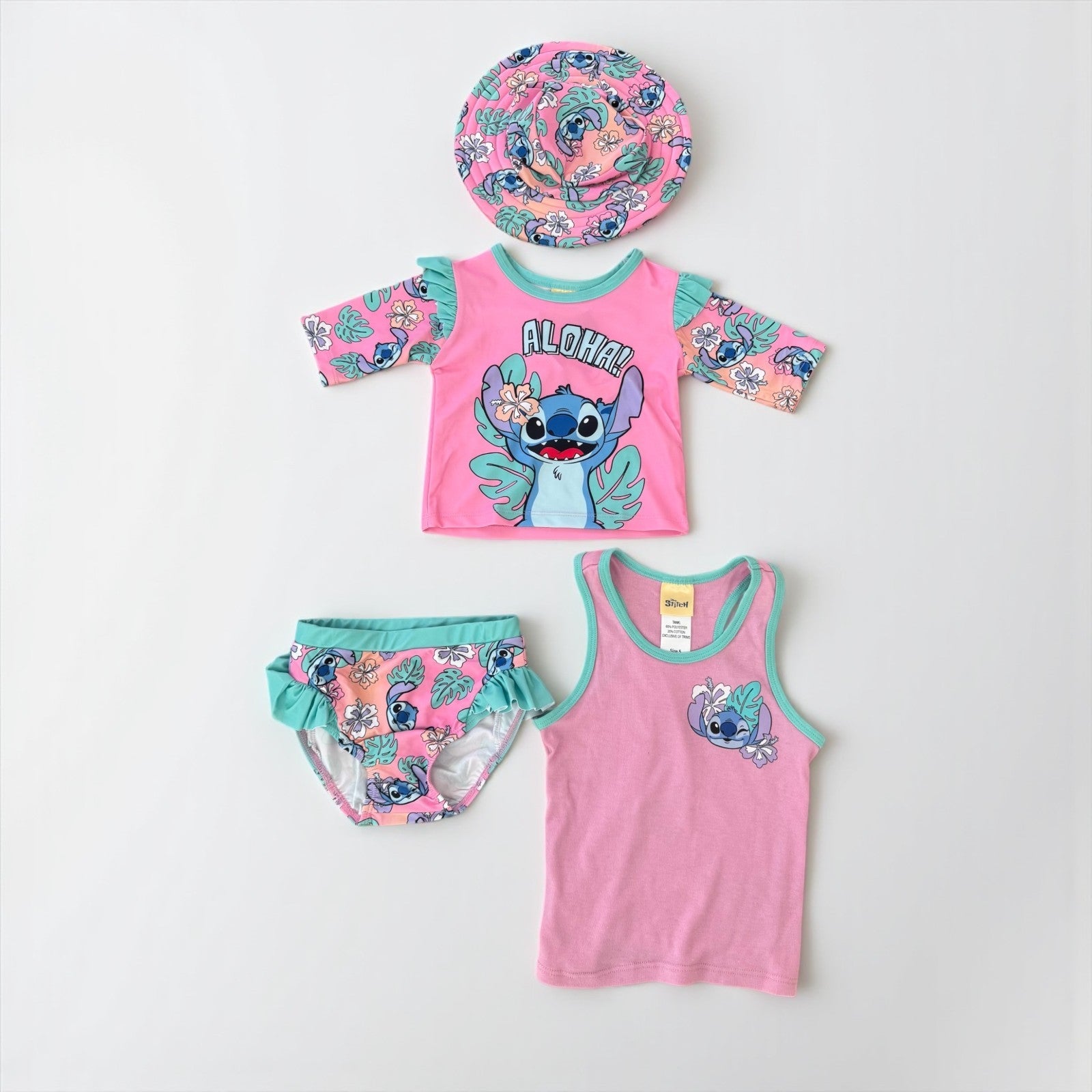 Disney Stitch 4 Piece Swim Set Rashie, Brief, Hat, Tank - UPF50+