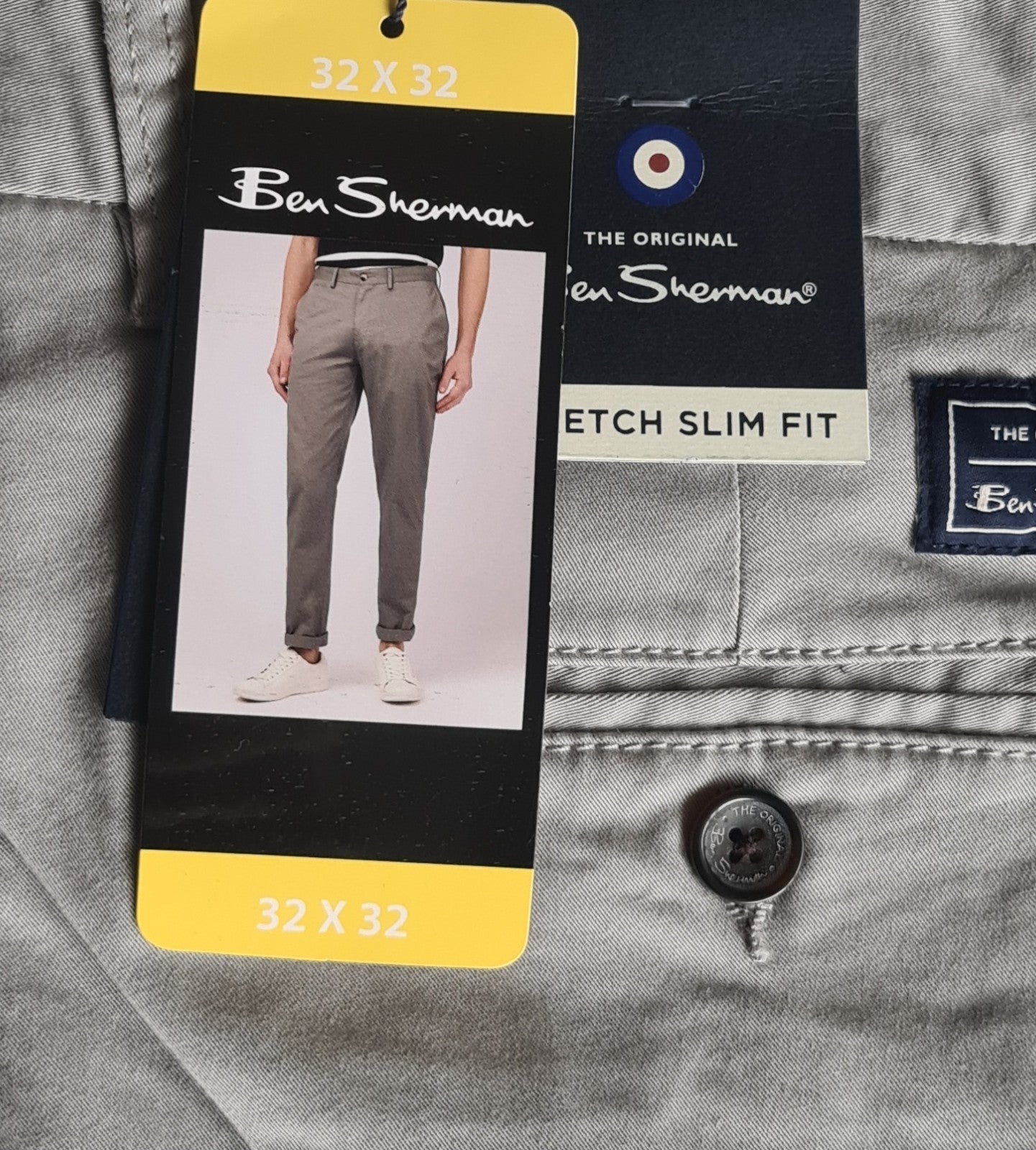 New Ben Sherman Men's Slim Fit Stretch Chino Pants | Concrete | Size W32 x L32