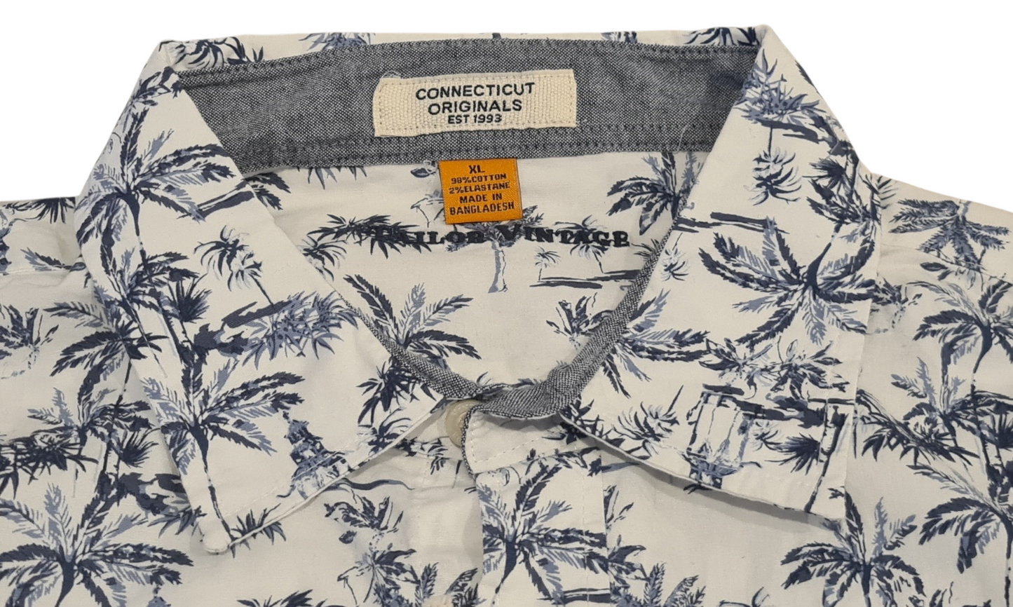 New Tailor Vintage Mens Short Sleeve Shirt in Indigo Gazebo - Cotton Stretch XL