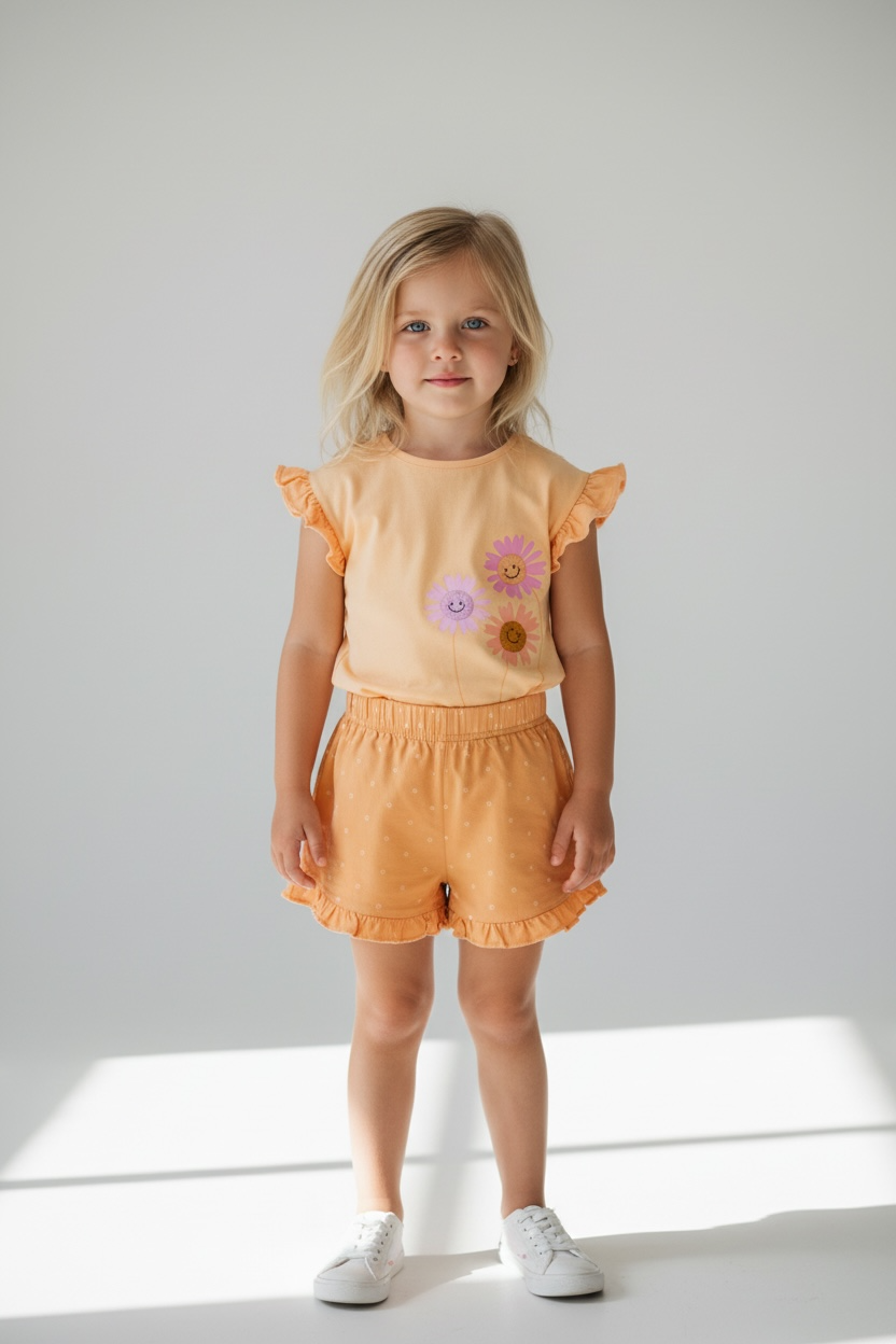 Pekkle 4-Piece Girls Set – 2 Tops & 2 Shorts – Sunflower Theme - Age 5 Years