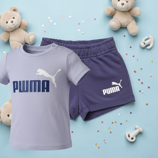 New Puma Mini Cats Infant Tee & Shorts Set Blue Cotton Outfit -Size  0–3Months