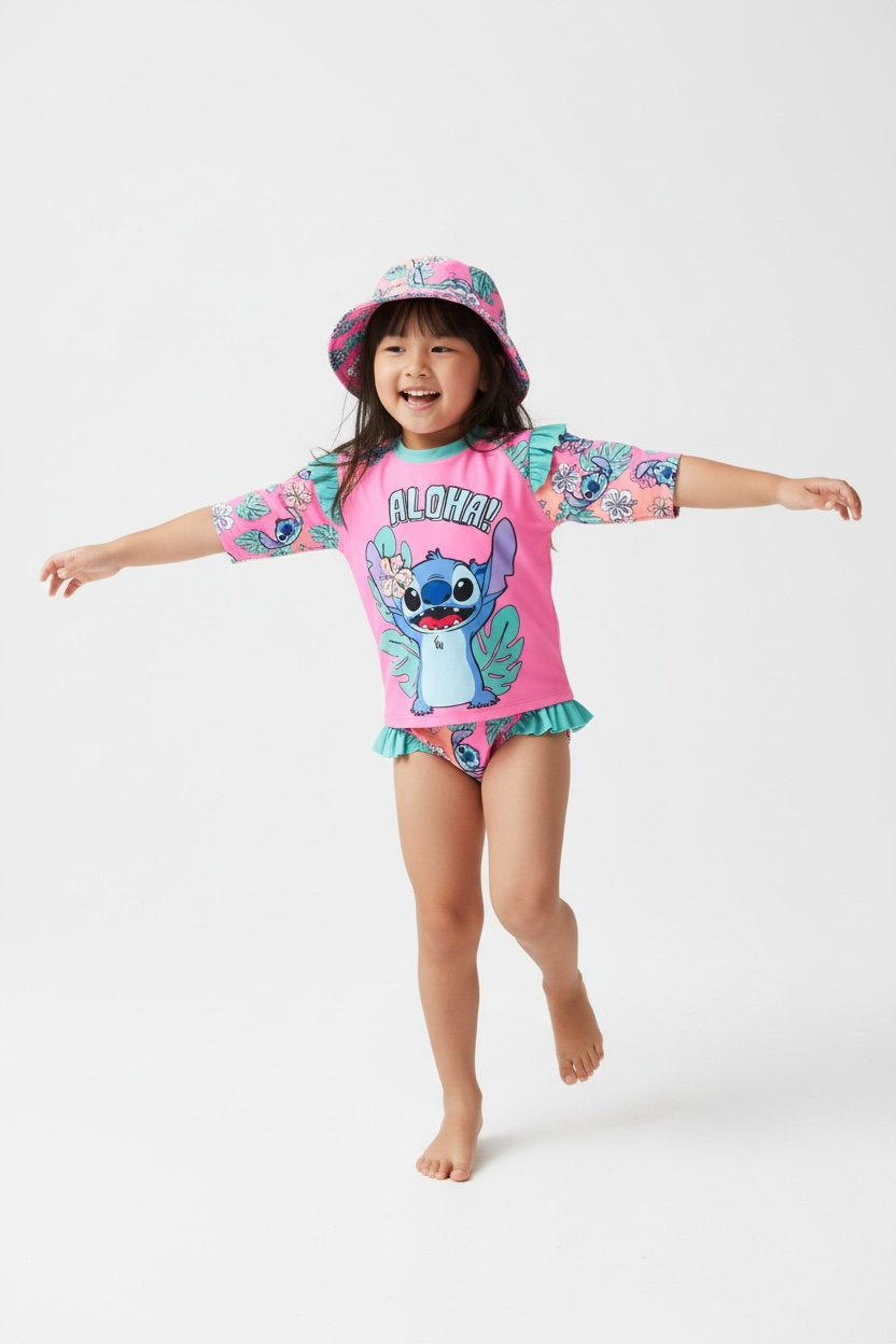 Disney Stitch 4 Piece Swim Set Rashie, Brief, Hat, Tank - UPF50+