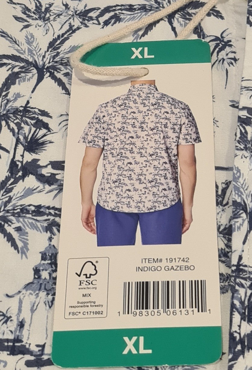 New Tailor Vintage Mens Short Sleeve Shirt in Indigo Gazebo - Cotton Stretch XL