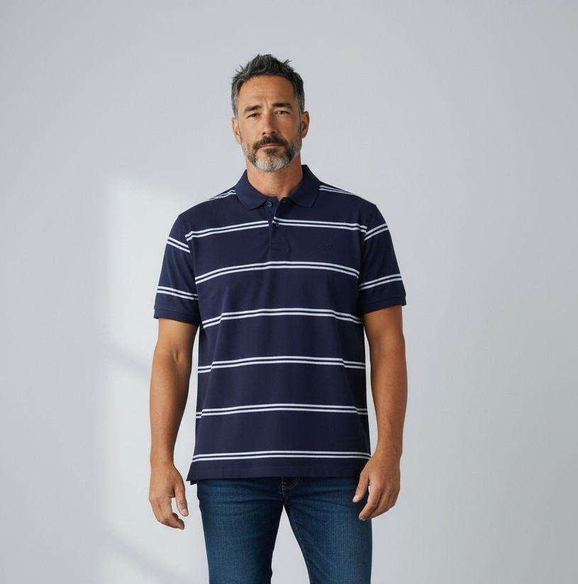 Sportscraft Men’s Striped Polo Shirt – Navy with White Stripes – 100% Cotton