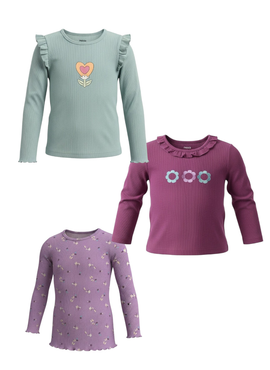 Pekkle Kids 3-Piece Long Sleeve T-Shirt Set – Age 8 – Soft & Stretchy