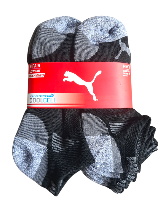 New Puma Men’s 6 Pack Low Cut Cushioned Coolcell Socks – Shoe Size 6–12