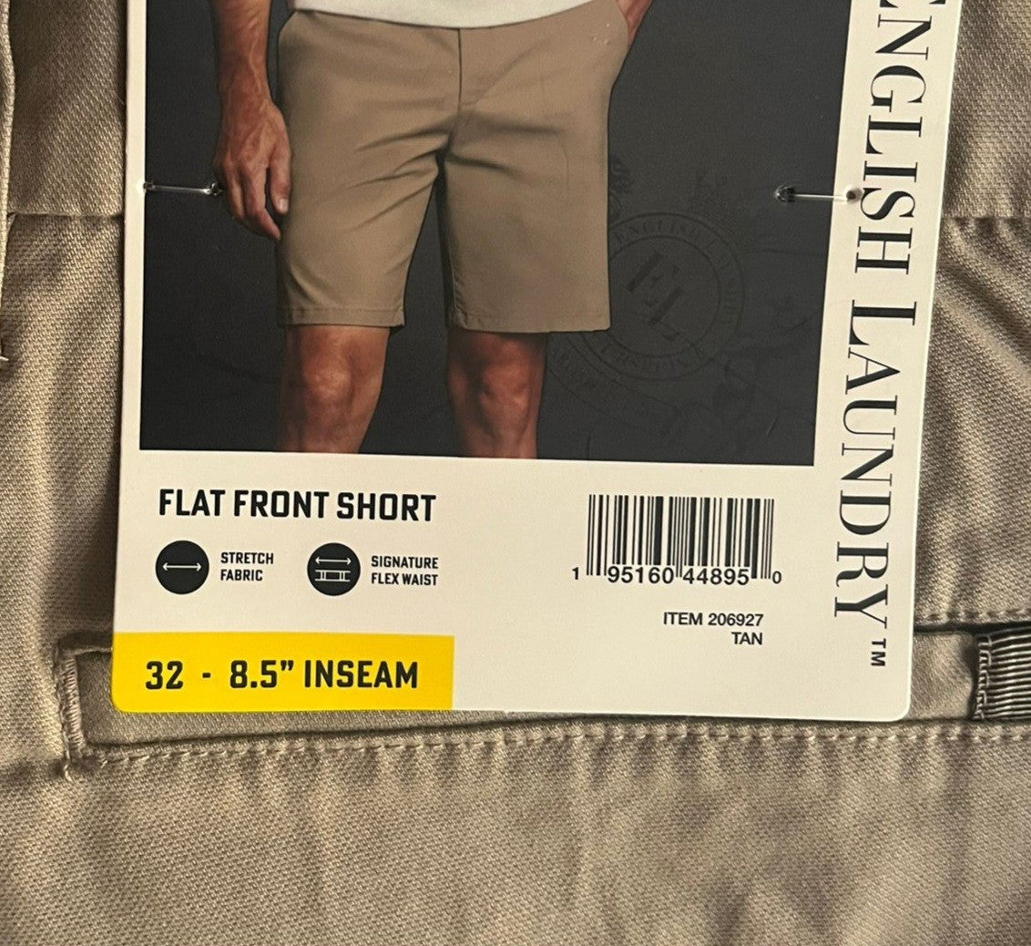 NEW English Laundry Men's Abbot Flat Front Stretch Shorts  - Tan - Size 32