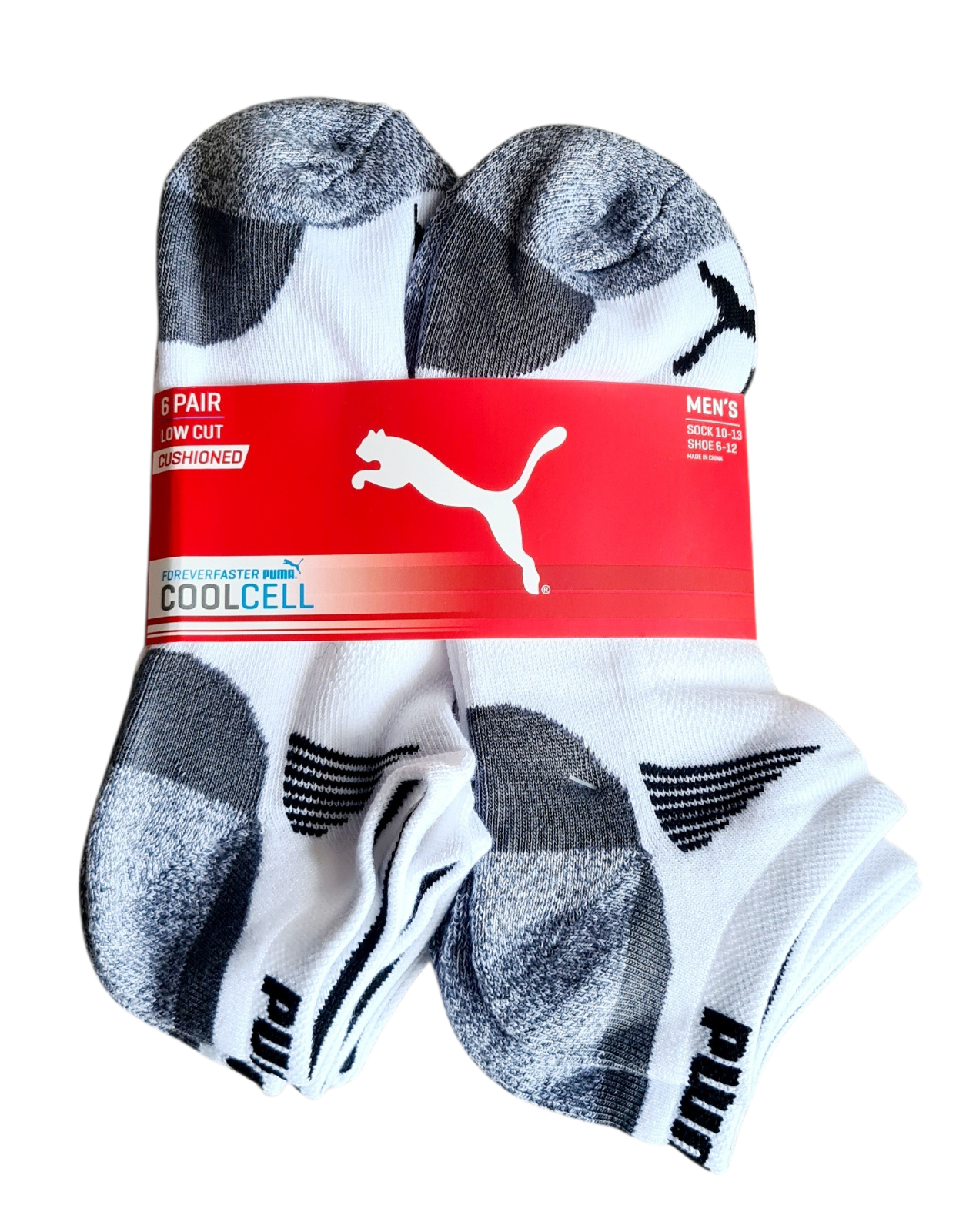 New Puma Men’s 6 Pack Low Cut Cushioned Coolcell Socks – Shoe Size 6–12