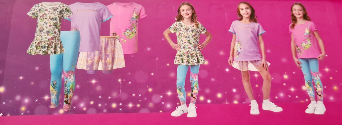 New Disney Princess Kids 5 Piece Outfit Set Tees, Leggings, Shorts Skirt