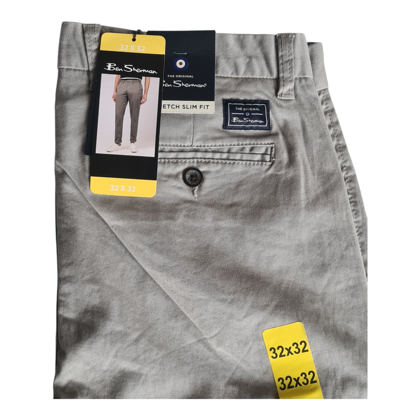 New Ben Sherman Men's Slim Fit Stretch Chino Pants | Concrete | Size W32 x L32