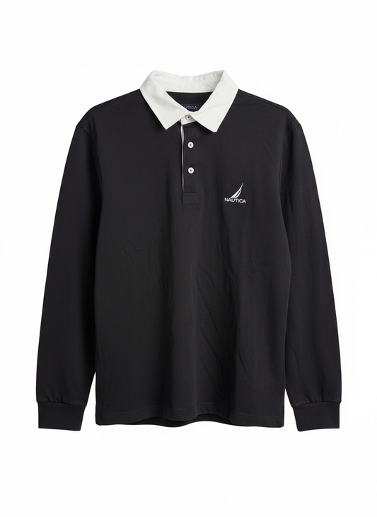 New Nautica Men's Rugby Jersey Long Sleeve Polo - Black - Sizes S, XL