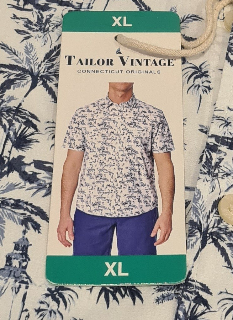 New Tailor Vintage Mens Short Sleeve Shirt in Indigo Gazebo - Cotton Stretch XL