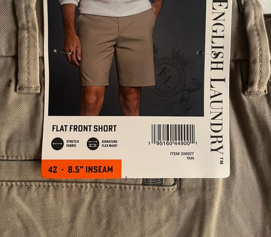 NEW English Laundry Men's Abbot Flat Front Stretch Shorts  - Tan - Size 42