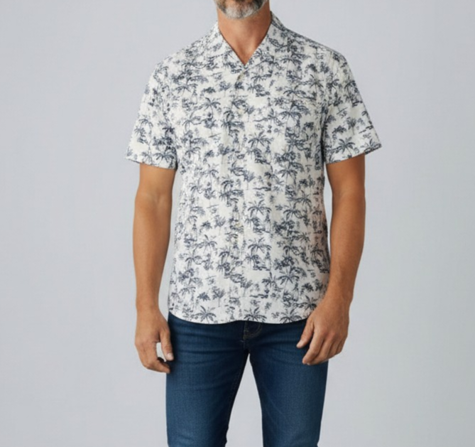 New Tailor Vintage Mens Short Sleeve Shirt in Indigo Gazebo - Cotton Stretch XL