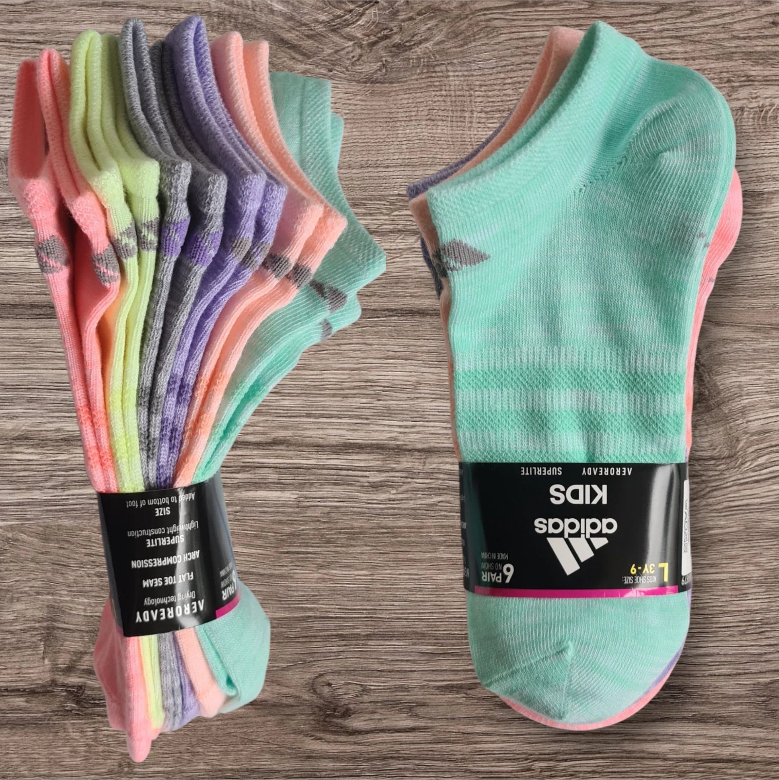 Adidas Kids Aeroready Superlite No Show Socks 6 Pair - Size L (3Y - 9)