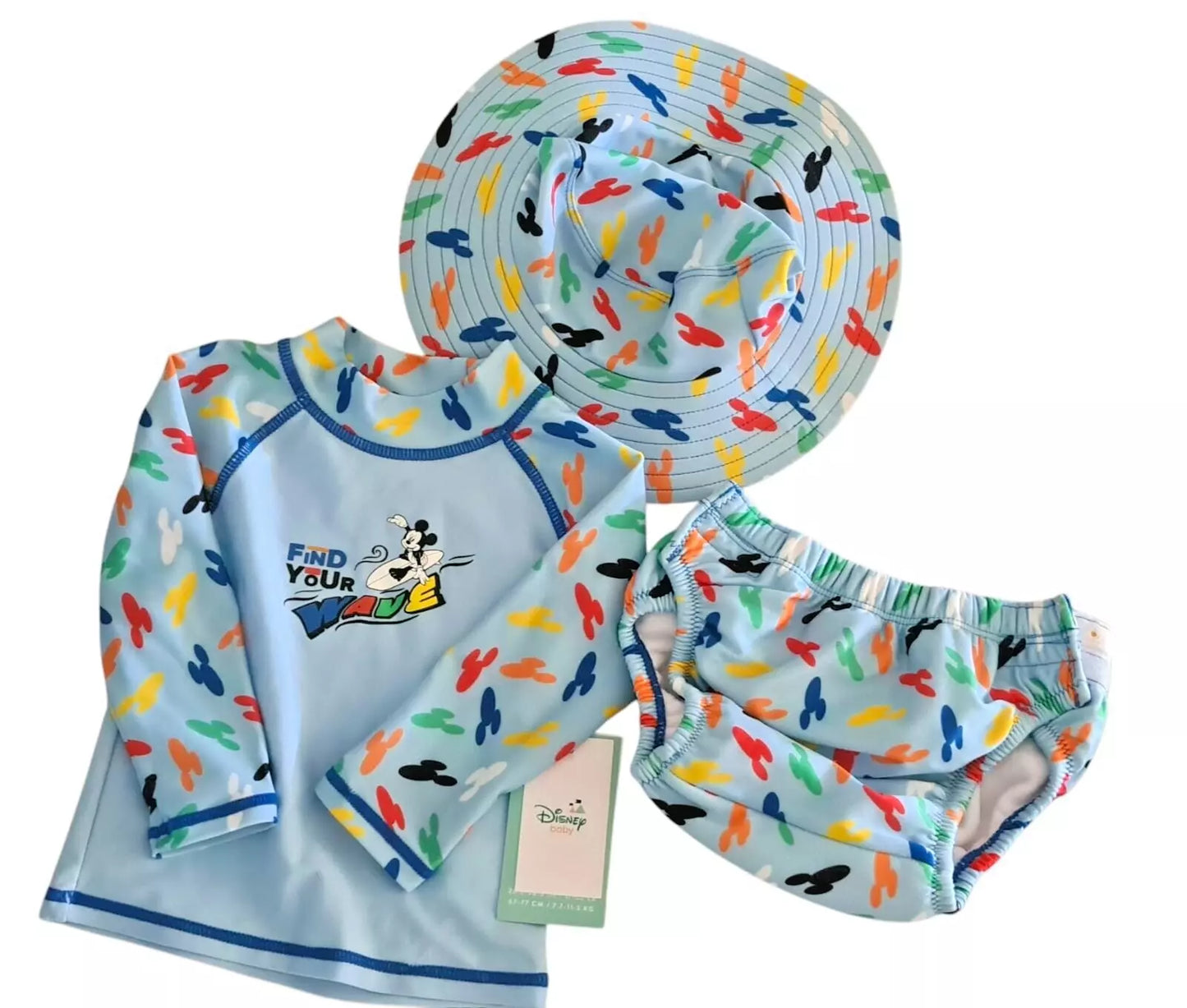 DISNEY Baby 3pc Mickey Mouse Swim Set UPF 50 Rash Guard, Swim Nappy, Hat - Size 3-6 Months