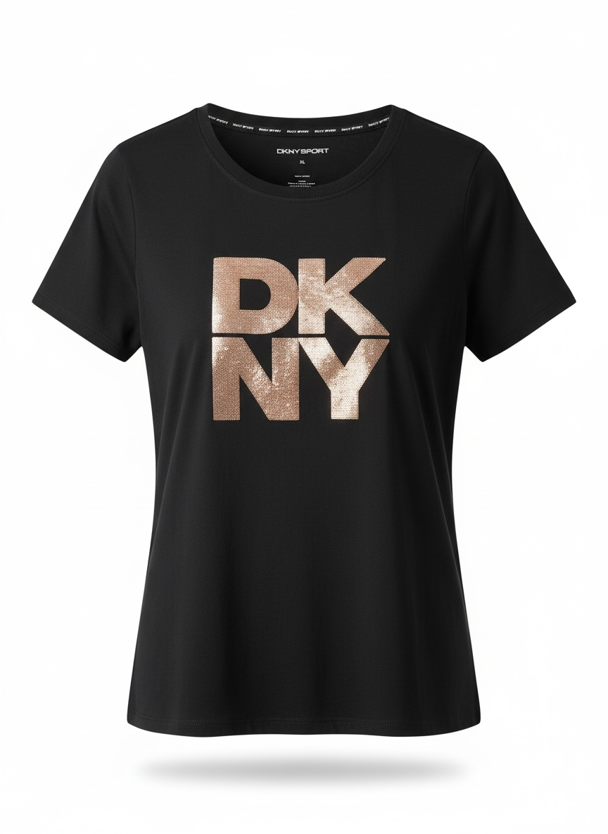 DKNY Women's Black Sequin Logo T-Shirt 100% Cotton Sport Tee - Size XL