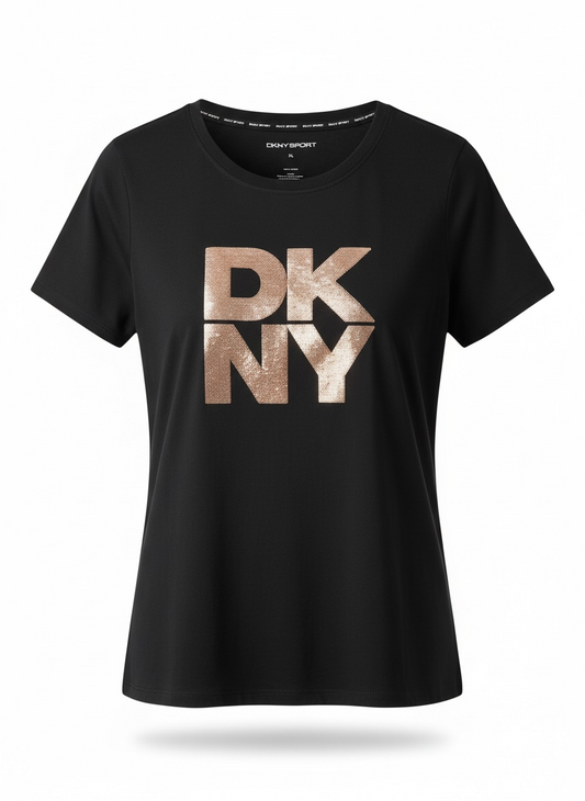 DKNY Women's Black Sequin Logo T-Shirt 100% Cotton Sport Tee - Size XL