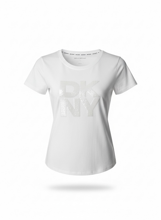 DKNY Women's White Sequin Logo T-Shirt 100% Cotton Sport Tee - Size XL