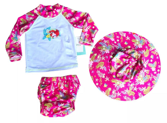 Disney Baby Ariel 3 Piece Swim Set -  Swim Nappy, Long Sleeve Rash & Hat
