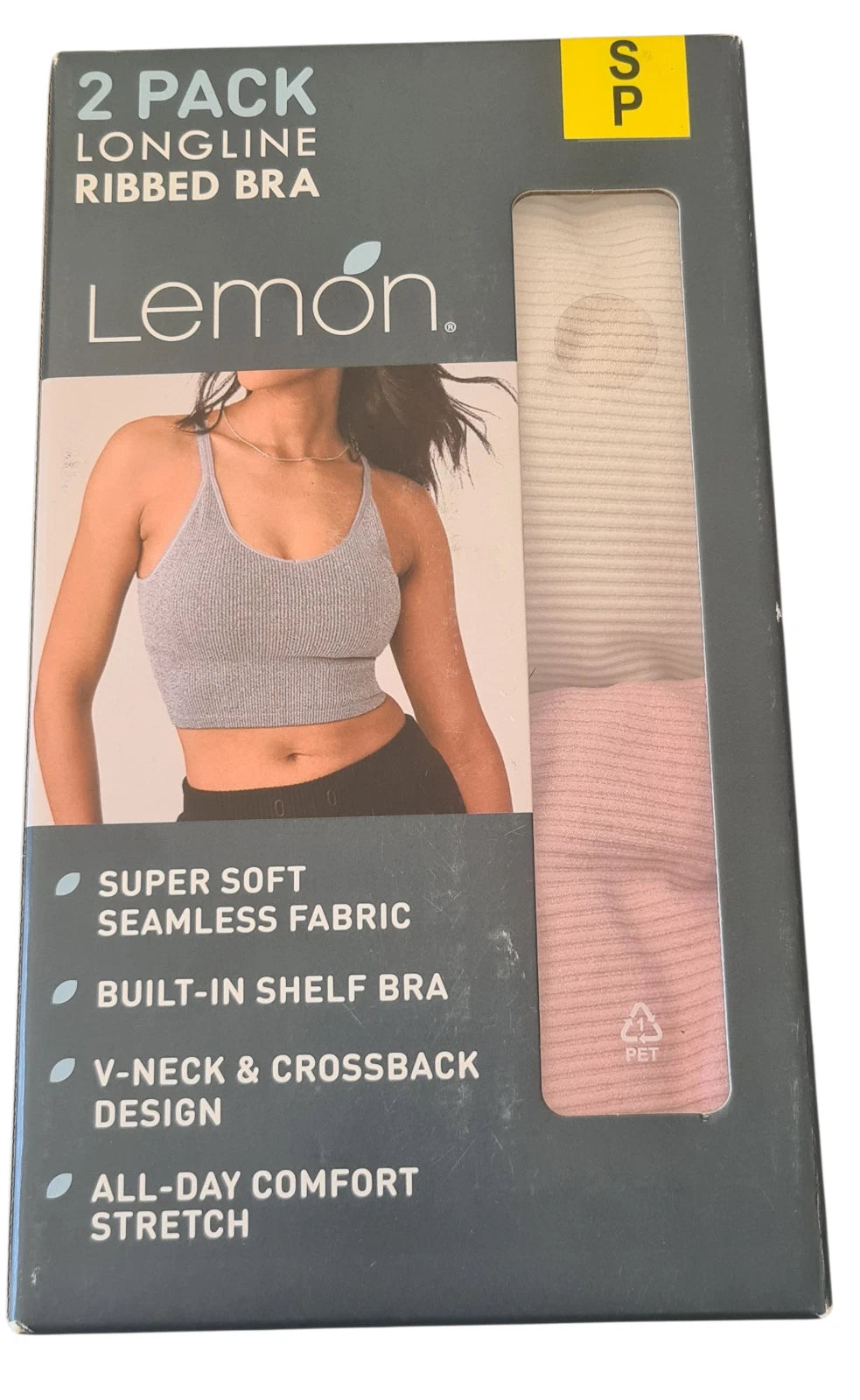 Lemon 2-Pack Seamless Longline Ribbed Bra - Size SMALL