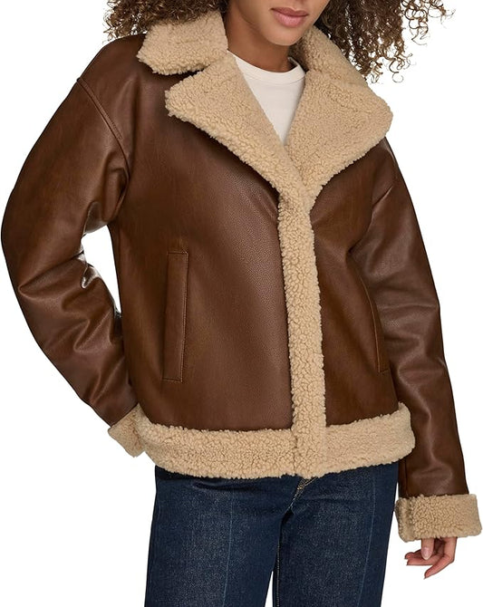 Levi's Women's Faux Leather Sherpa Lined Moto Jacket - Size Large - Brown