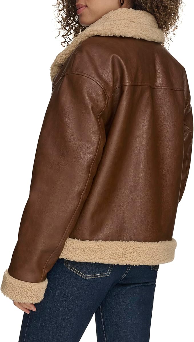 Levi's Women's Faux Leather Sherpa Lined Moto Jacket - Size Large - Brown