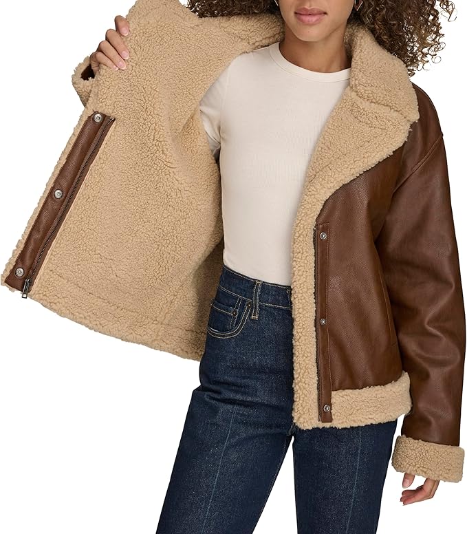 Levi's Women's Faux Leather Sherpa Lined Moto Jacket - Size Large - Brown