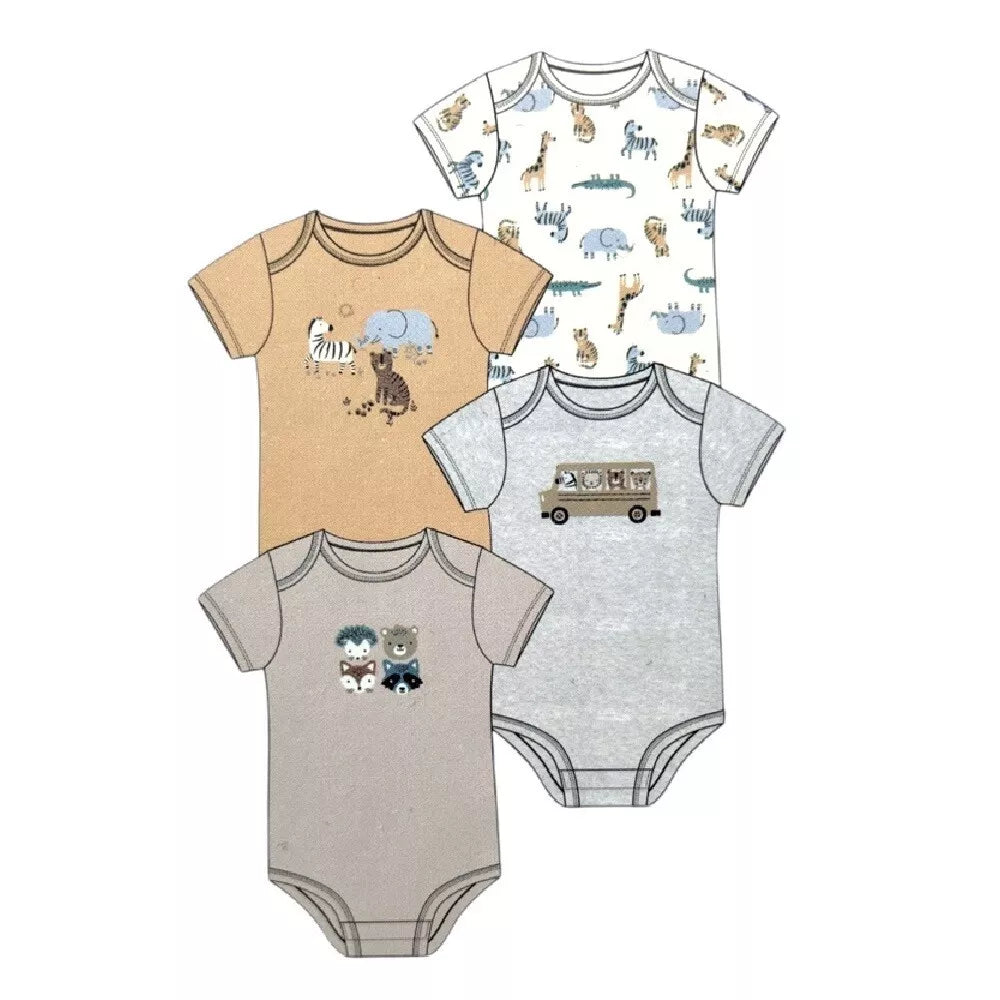 PEKKLE 4pcs Organically Grown Cotton Baby's Animal Printed Bodysuits - 18 Months