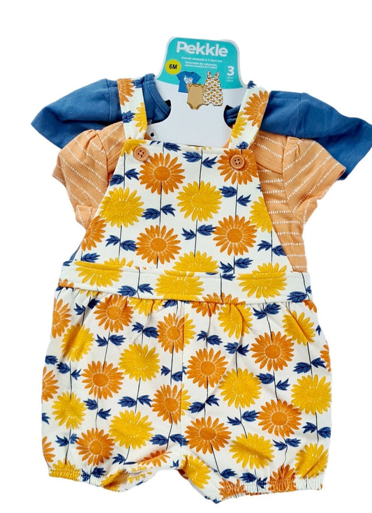 Pekkle 3-Piece Sunflower Overall, Bodysuit & T-Shirt Set