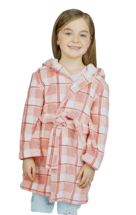Pekkle Girls "Pink Plaid" Plush Hooded Robe