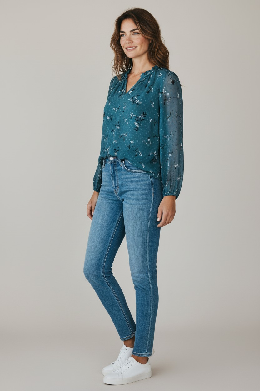 Hilary Radley Women’s Long Sleeve Blouse – Ruffle Neckline -Size XXL
