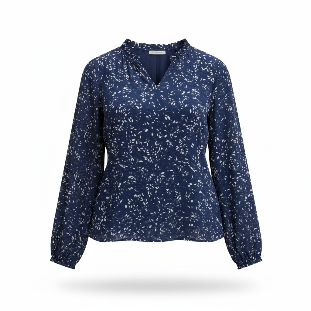 Hilary Radley Women’s Long Sleeve Blouse – Ruffle Neckline -Size XXL -Navy
