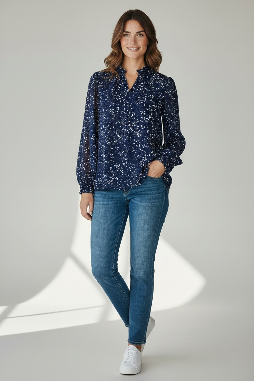 Hilary Radley Women’s Long Sleeve Blouse – Ruffle Neckline -Size XXL -Navy
