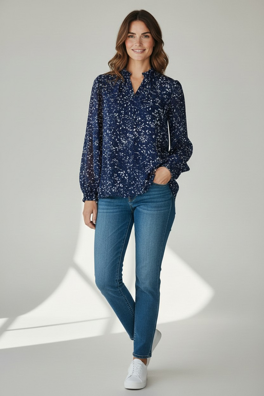 Hilary Radley Women’s Long Sleeve Blouse – Ruffle Neckline -Size XXL -Navy