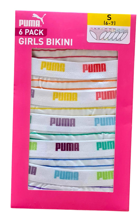 Puma 6 Pack Girls Cotton Stripe Bikini - Size SMALL (6-7 Years)