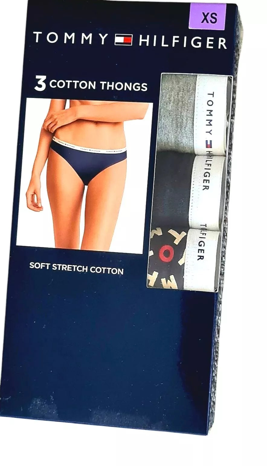 Tommy Hilfiger Women’s Soft Stretch Cotton Thongs Underwear 3-Pack - Size XS (Grey/Navy)