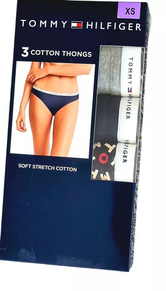 Tommy Hilfiger Women’s Soft Stretch Cotton Thongs Underwear 3-Pack - Size XS (Grey/Navy)