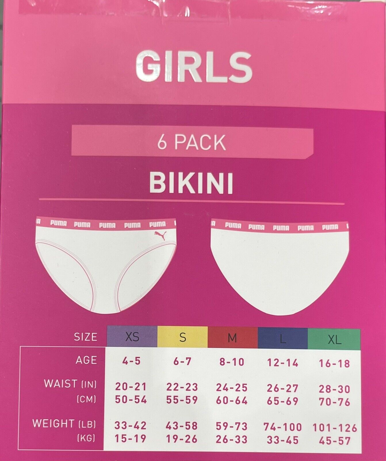 Puma 6 Pack Girls Cotton Bikini Size S (6-7Years)